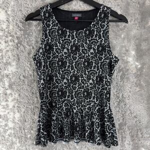 Vince Camuto Size XS Dark Floral Lace Peplum Top Black Sleeveless Pullover Lined